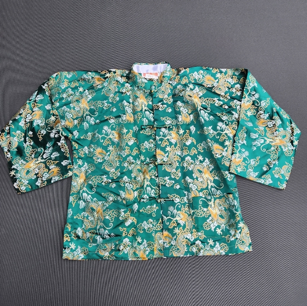 VTG Emerald Green Silk Brocade Dragon Phoenix Kung Fu Jacket - Sz 12